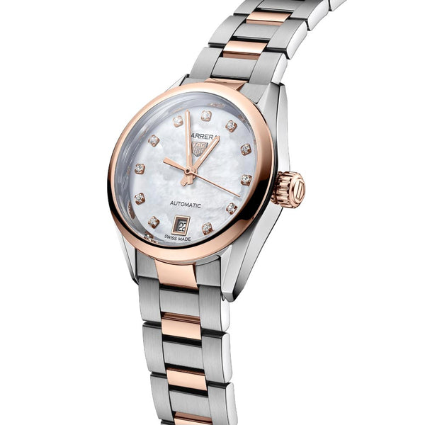 tag heuer carrera date 29mm mop dial 18ct rose gold plated steel diamond automatic ladies watch dial close up