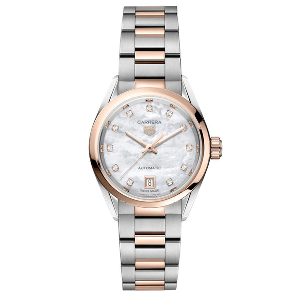 tag heuer carrera date 29mm mop dial 18ct rose gold plated steel diamond automatic ladies watch