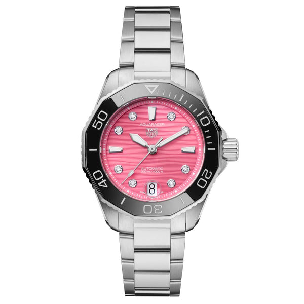 tag heuer aquaracer professional 300 date 36mm pink dial automatic ladies watch