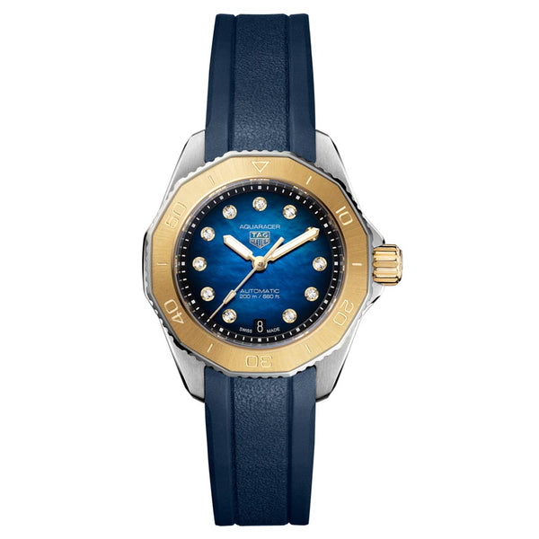 tag heuer aquaracer professional 200 blue mop dial 30mm steel & gold diamond automatic ladies watch