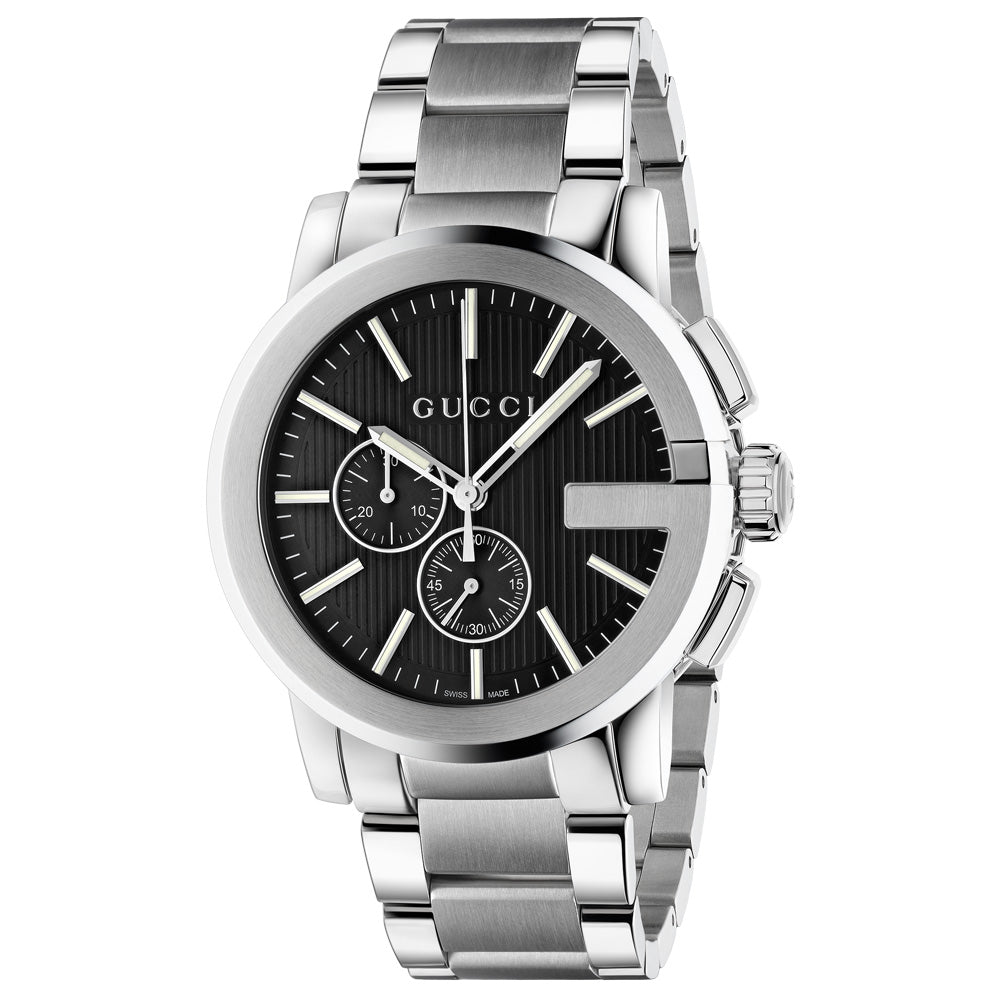 gucci g-chrono 44mm black dial quartz chronograph watch front facing upright image