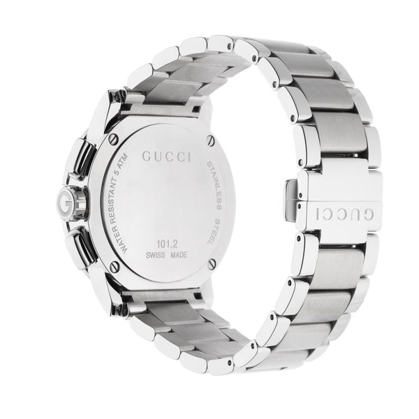 gucci g-chrono 44mm black dial quartz chronograph watch back side facing image