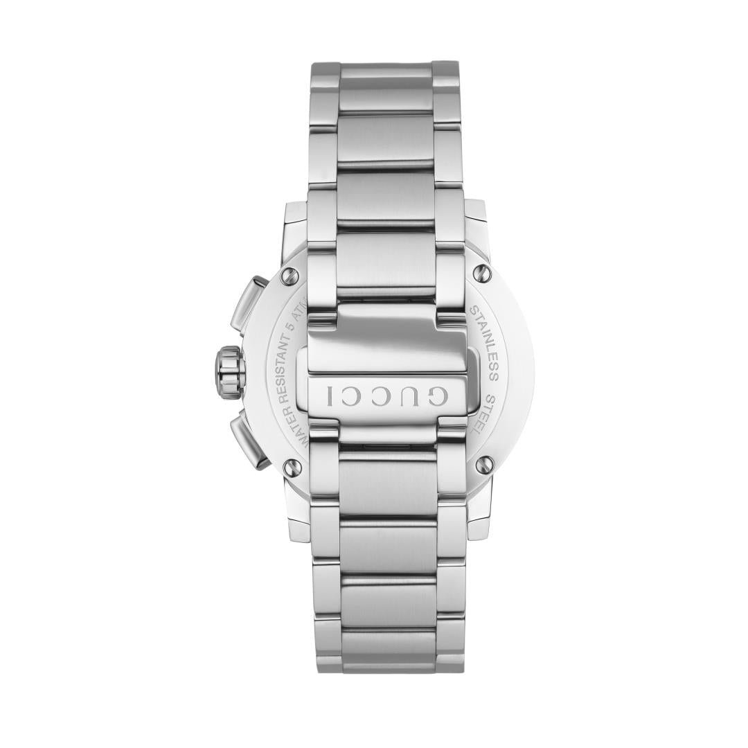 gucci g-chrono 44mm black dial quartz chronograph watch back facing upright image