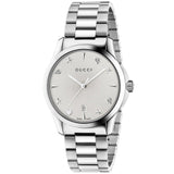 gucci g-timeless 38mm silver dial stainless steel quartz watch front facing upright image