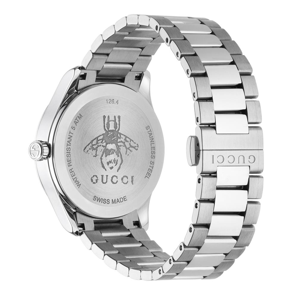 gucci g-timeless 38mm silver dial stainless steel quartz watch back side facing upright image