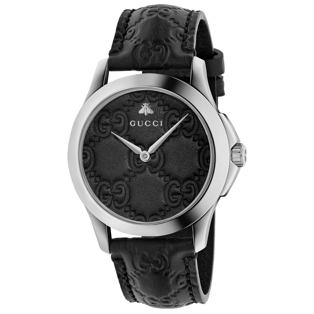 gucci g-timeless 38mm signature black dial stainless steel watch front facing upright image