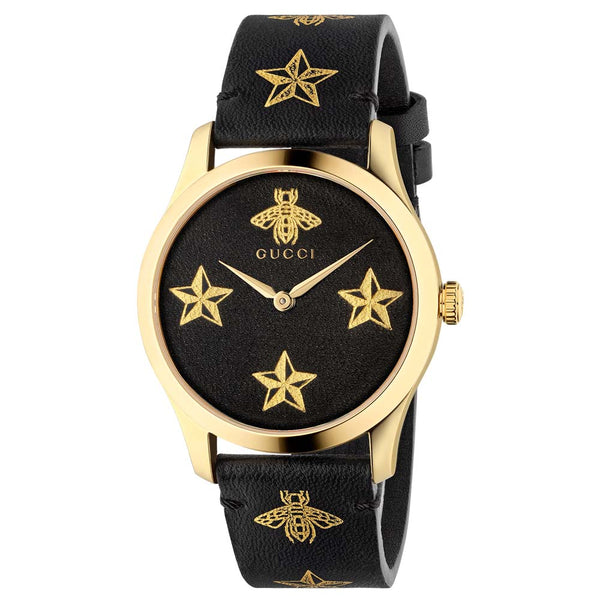gucci g-timeless 38mm signature black dial gold PVD steel watch on a matching leather strap front facing upright image