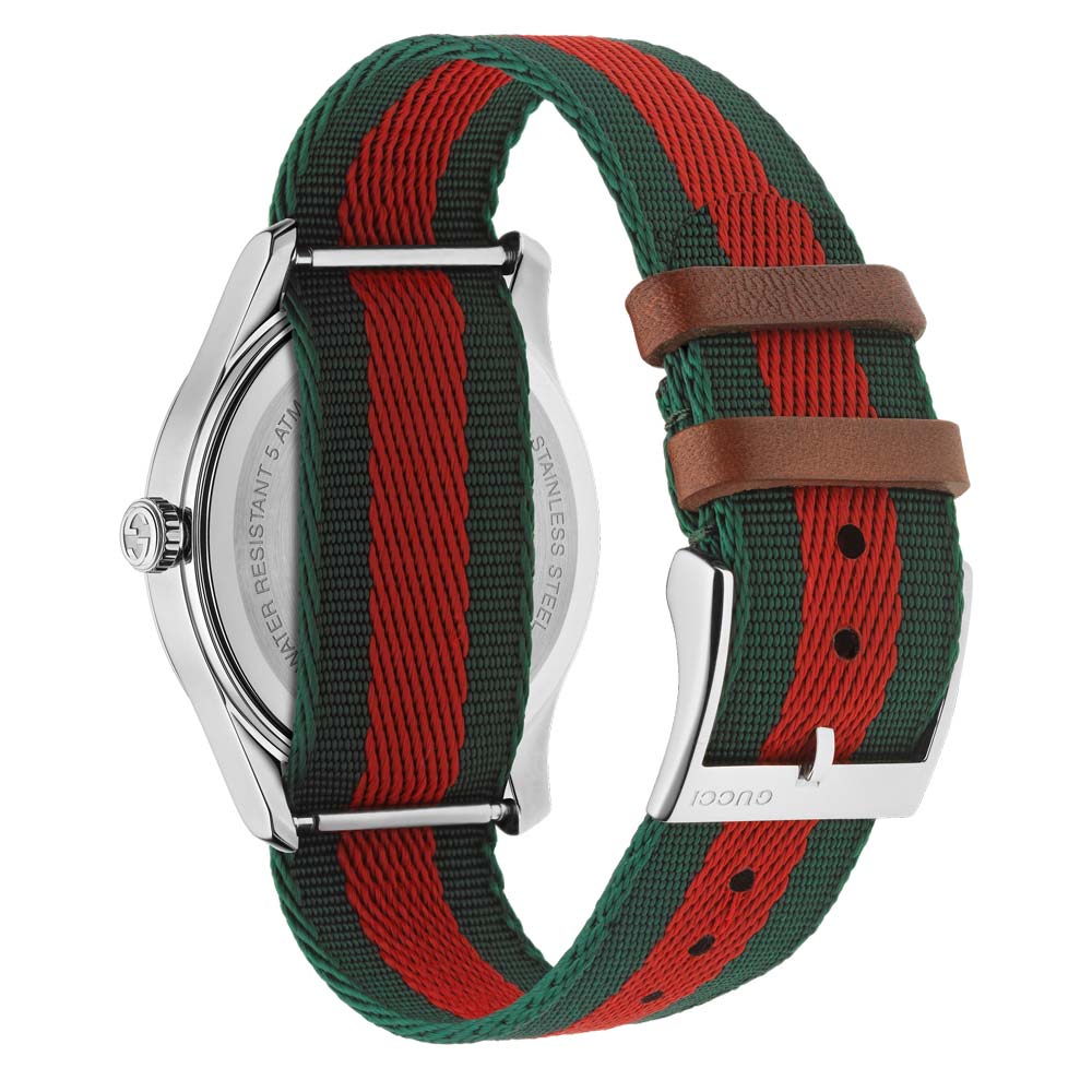gucci g-timeless 38mm multi-coloured dial stainless steel watch on a matching fabric strap back side facing upright image