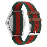 gucci g-timeless 38mm multi-coloured dial stainless steel watch on a matching fabric strap back side facing upright image