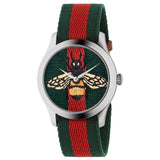 gucci g-timeless 38mm multi-coloured dial stainless steel watch on a matching fabric strap front facing upright image