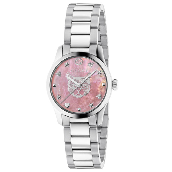 Gucci Ladies G-Timeless 27mm Pink MOP & Gold Feline Face Dial Stainless Steel Watch YA1265013