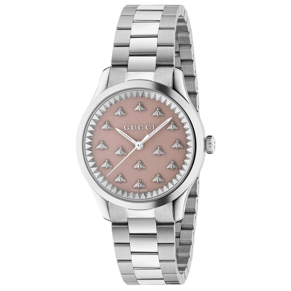 gucci g-timeless 32mm pink dial with bees stainless steel ladies watch