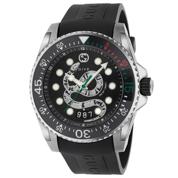 Gucci Dive 45mm Stainless Steel Black Snake Dial Gents Watch YA136217