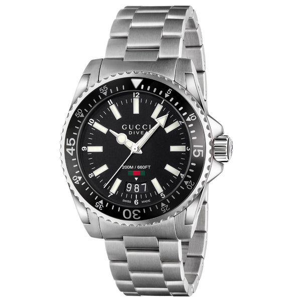 gucci dive 40mm black dial quartz watch front facing upright image
