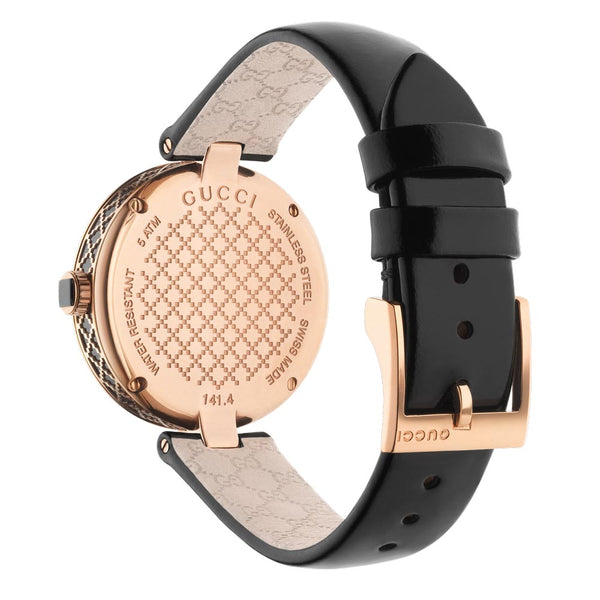 gucci diamantissima 32mm black dial rose gold pvd steel ladies watch case back view