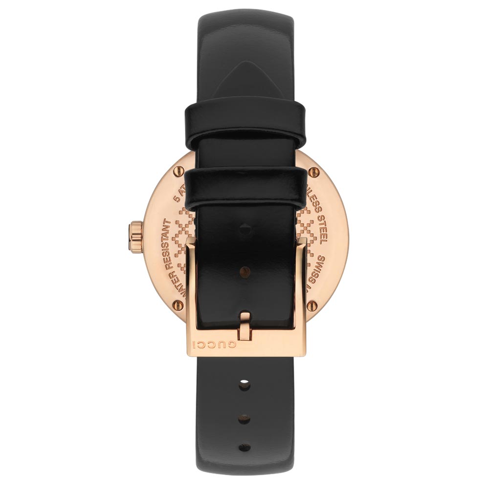 gucci diamantissima 32mm black dial rose gold pvd steel ladies watch clasp view
