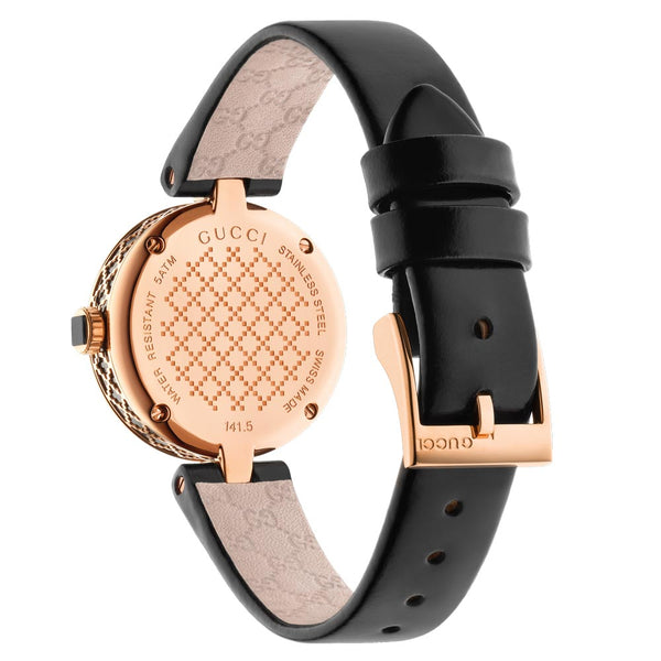 gucci diamantissima 27mm black dial rose gold pvd steel ladies watch case back view