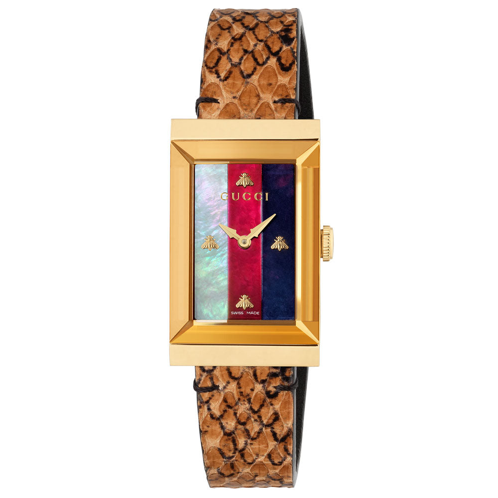 Gucci Women's G-Frame Rectangular Leather Strap Watch, Brown/Multi YA147402