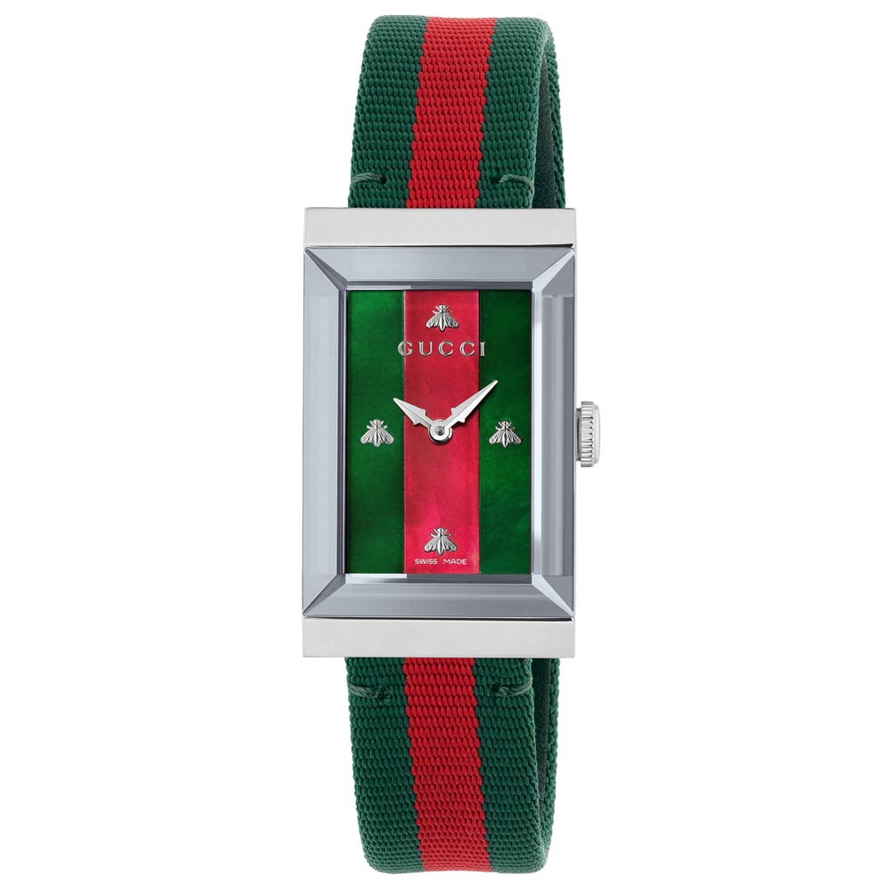 Gucci Ladies G-Frame Green And Red Woven Strap Watch YA147404