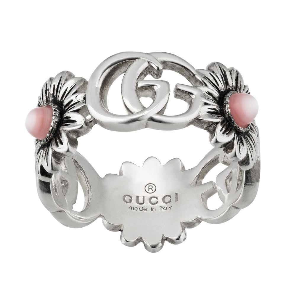 Gucci GG Marmont Silver Pink Floral Ring YBC527394002